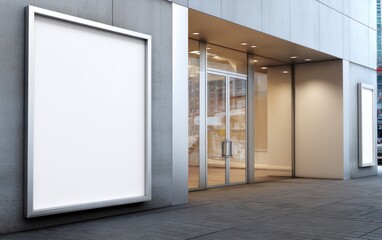 Modern storefront with blank signage in an urban setting, showcasing minimalistic design and contemporary architecture.