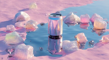 Shiny beverage can surrounded by colorful ice cubes on a reflective water surface.