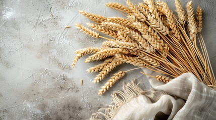 Golden wheat stalks resting on a textured background with soft cloth drapes