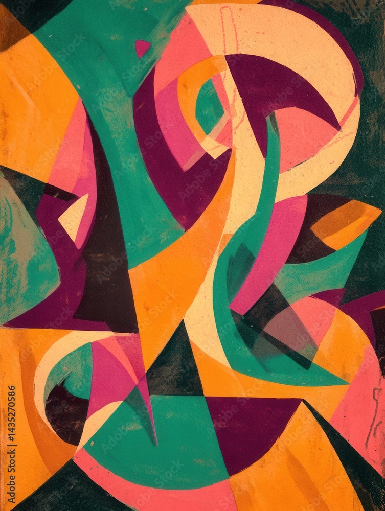Poster vibrant abstract composition featuring bold geometric shapes in a dynamic interplay of colors and fo