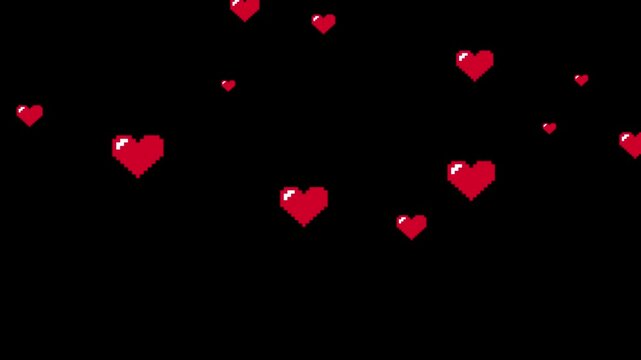 red pixel art heart particles animation on transparent background with alpha channel