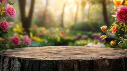 Empty old tree stump table top with blur rose garden background for product display