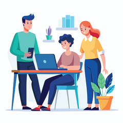 man sitting at his desk working on laptop, with woman standing near him holding phone, designed in flat style vector 
