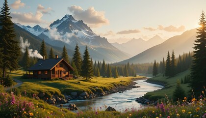 mountain landscape with lake and house 