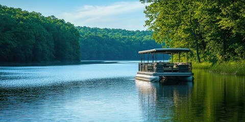 A relaxed scene of a pontoon boat anchored on a quiet river, surrounded by gentle ripples and lush scenery.