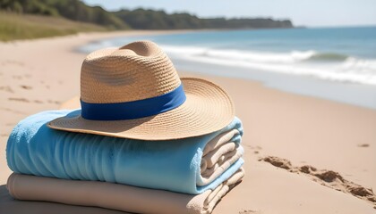 A straw hat and beach towels rest peacefully on the warm sand of a beautiful coastline.