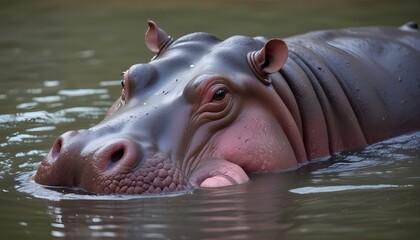 Fototapeta premium A large hippopotamus rests calmly in water, showing the details of its impressive face.