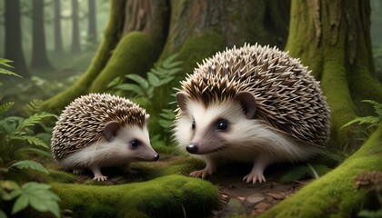 Fototapeta premium Two adorable hedgehogs, a mother and her baby, in a serene forest environment, looking curious.