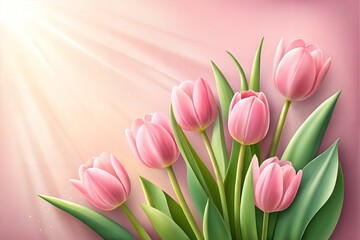 Naklejka premium Lush tulip cluster with pink blooms and green stems in a pastel toned realistic digital illustration