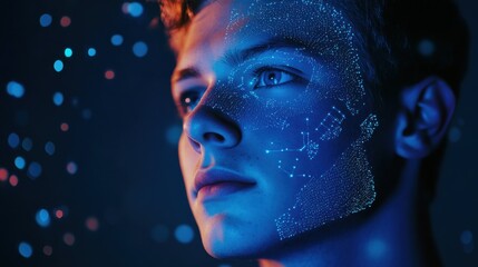 Facial recognition technology, face of young man with digital glowing lines of biometric data, portrait of person on dark blue background. Concept of identification