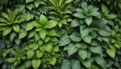 Fototapeta premium Vibrant green plant leaves fill the frame, creating a dense and textured backdrop.