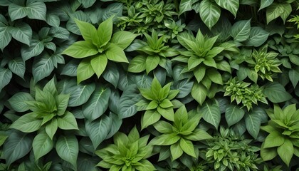 Close-up of various green plants create a rich display of textures and vibrant natural backdrop.