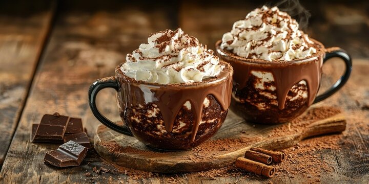 A rich hot chocolate with whipped cream and cinnamon sprinkle