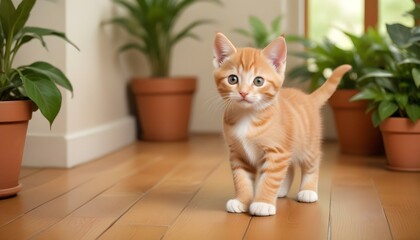 An adorable orange tabby kitten stands among plants in a well-lit, cozy indoor setting.