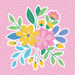 Colorful cartoon flower bouquet illustration on pink polka dot background