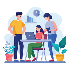 man sitting at his desk working on laptop, with woman standing near him holding phone, designed in flat style vector 
