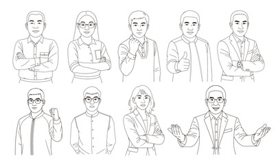 Business people line art illustration collection with different gestures and professional outfits