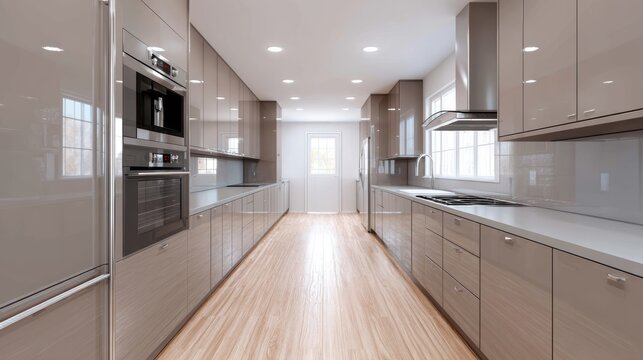 Interior view of a bright, open-plan modular kitchen with modern appliances - style organization interior faucet efficiency