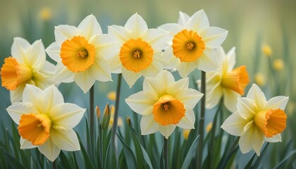 A beautiful group of daffodils with white petals and striking orange trumpet centers blooming.