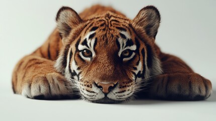 Obraz premium Tiger lying down staring at the camera, isolated on white