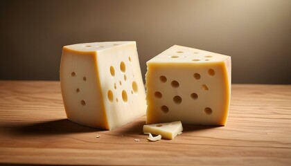 A close-up shot of two cheese wedges with distinct holes on a rustic wooden surface.