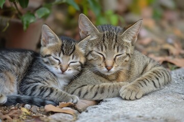 Obraz premium Adorable tabby kittens sleeping peacefully outdoors