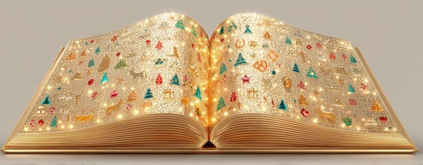 Vibrant Golden Book Filled with Colorful Icons for World Interfaith Harmony Week Celebration