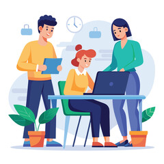 man sitting at his desk working on laptop, with woman standing near him holding phone, designed in flat style vector 
