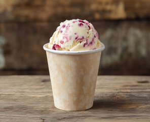 White chocolate and raspberry ice cream in a paper cup.