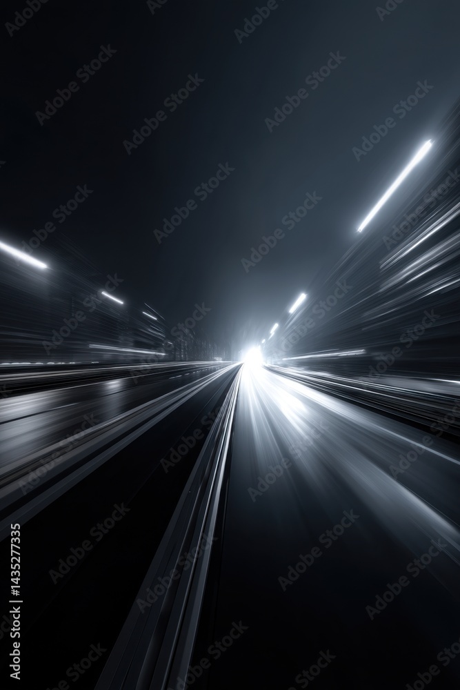 Poster abstract speed motion in urban highway tunnel with blurred light trails and dark background creating