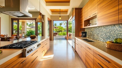 A modern Hawaiian kitchen with wood accents, an open space leading to an outdoor patio area, and a luxury home