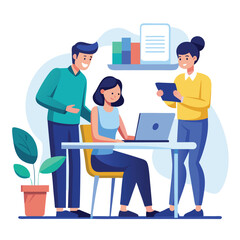 man sitting at his desk working on laptop, with woman standing near him holding phone, designed in flat style vector 
