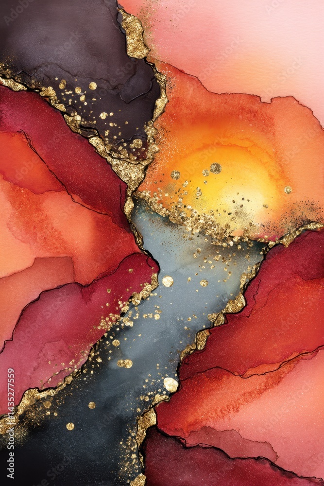 Poster abstract fluid art with gold accents and vibrant colors creating a mesmerizing visual texture and de