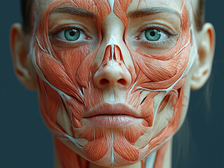 Realistic 3D illustration of woman face showcasing detailed muscle structure, emphasizing anatomical features and textures. artwork highlights complexity of human anatomy