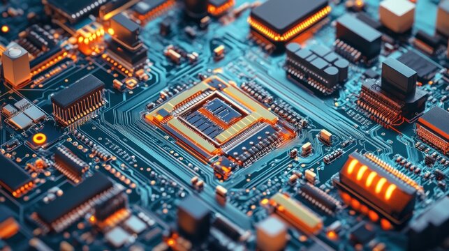 Close-up of a circuit board with a central processor, showcasing intricate details and glowing components.