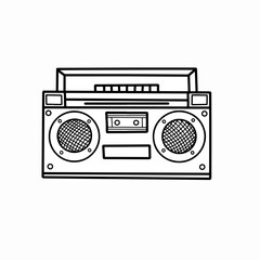 hand drawn retro boombox outline, classic boombox illustration on white background, vintage ghetto blaster line art