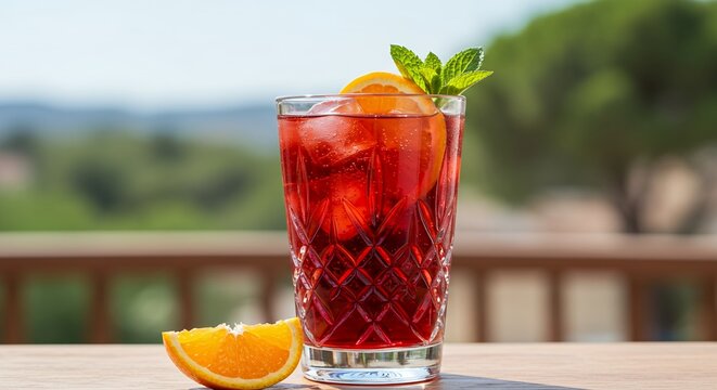 Refreshing Tinto de Verano Cocktail with Orange and Mint Garnished in a Clear Glass on Wood Table Outdoor in Summer