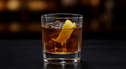 Sazerac New Orleans Cocktail With Lemon Twist In Clear Glass Display For Ads And Promotion With Dark Amber Color