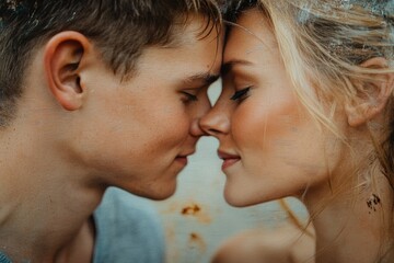 Romantic close-up of young caucasian couple in intimate moment