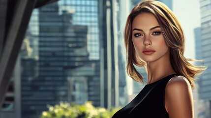 Fototapeta premium Young elegant girl posing at city street. Pretty beautiful business woman in elegant black dress against city background.