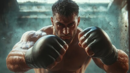 Pro combat fighter in punching pose close forward towards the camera