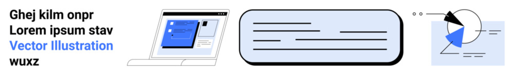 Laptop displaying website interface, text placeholder, and pie chart visualization. Ideal for data presentation, analytics, online learning, communication, business insights, technology simple