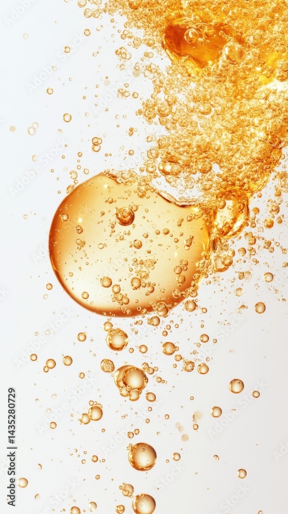 Poster effervescent golden liquid with bubbles floating in a clear solution creating a refreshing and dynam