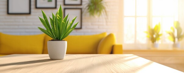 A vibrant indoor scene featuring a green plant in a pot on a wooden table, complemented by a bright yellow couch and natural light streaming through a window.