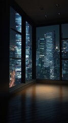 Fototapeta premium Modern apartment interior with a stunning night cityscape view through large windows elegant design and urban atmosphere creating a sense of luxury and sophistication