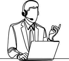 Remote meeting call with headset – one line drawing. A minimalist one line drawing of a person speaking with a headset on during a video call. Clean vector line art, no shading or background.