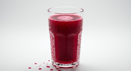Vibrant Beetroot Juice in Glass Cup with Water Droplets Against White Background Perfect for Healthy Drink Promotion