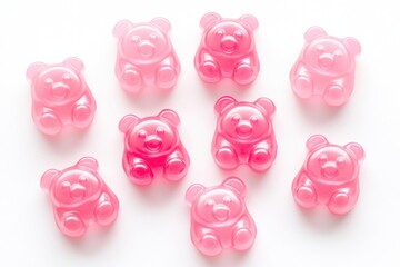 Assorted pink gummy bears arranged on a white background