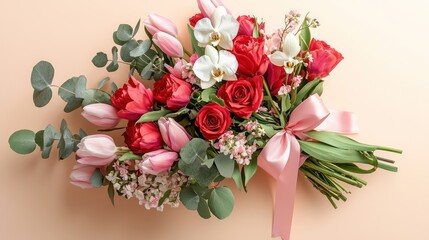 Luxurious specialty bouquet featuring vibrant red roses, pastel pink tulips, and white orchids tied with a blush pink ribbon, diagonally placed on a muted peach-pink background.