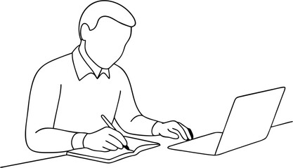  Writing notes beside laptop – one line vector. Simple line art of a person taking notes while working near a laptop. Continuous line, no color, no shading